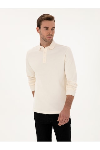 Ekru Regular Fit %100 Pamuk 3 İplik Polo Yaka Sweatshirt Bej
