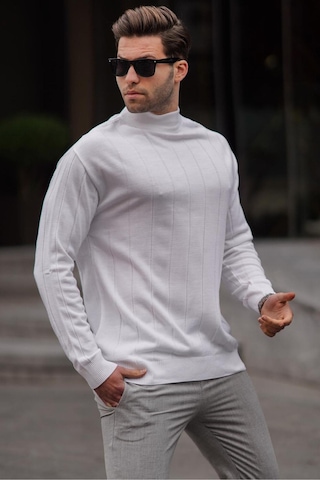 Madmext Ekru Slim Fit Yarım Balıkçı Yaka Çizgili Tüylenmeyen Erkek Triko Kazak 6344 Ekru