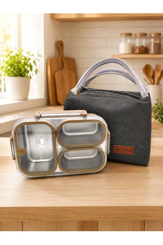 Valkyrie 304 Paslanmaz Çelik 3 Bölmeli Kahve Lunch Box Termal Çantalı Sızdırmaz Kapaklı Beslenme Kabı,