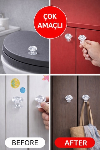 4'lü - 2026 Şeffaf Kristal Kulp Yapışkanlı Mini Kapı Kulpu, Tuvalet Kapağı & Dolap Çekmece Kulbu Diğer