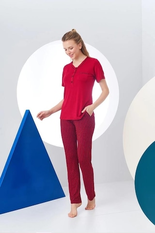 Pjs 24157 Kadın Çizgili Patlı Kısa Kol Pijama Takım 001