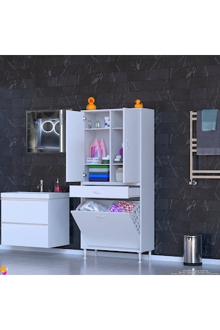 Eliusta Wall Beyaz Banyo Dolabı 85 Cm İki Göz Bölmeli Sepet 85x171x32,5 Cm 4 Raflı Mutfak/banyo Dolabı Beyaz