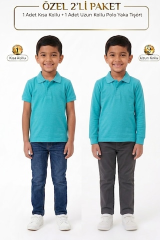 Nacar Store Unisex Çocuk Uzun Ve Kısa Kollu Polo Yaka Okul Tişörtü 2'li Set Turkuaz