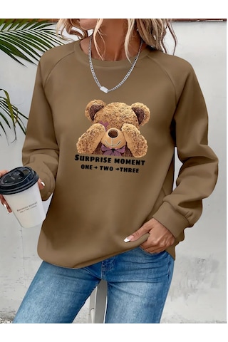 Leyla Sanat Sanata Yeni Bir Bakış Açısı Kadın Uzun Kollu Bisiklet Yaka Ayıcık Desenli Viskon Iki Iplik Bluz Kahve