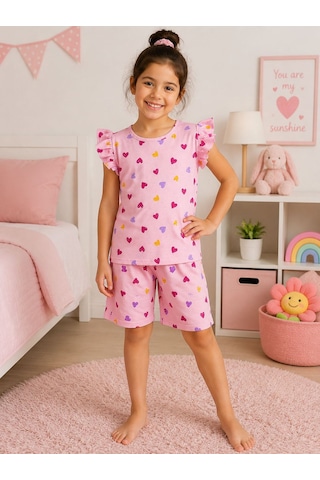 Aliş Kids Kız Çocuk Pamuklu Pembe Kalp Desenli Kolları Fırfırlı Kısa Kollu Şortlu Yazlık Pijama Takımı
