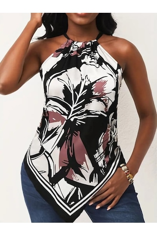 Modaserdem Kadın Üçgen Kesim Boyundan Bağlamalı Çiçek Desen Süprem Bluz Desenli