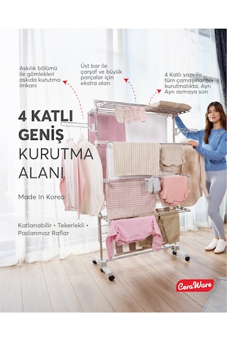 Home S4 Premium 4 Katlı Çamaşırlık Made in Korea Tam Katlanır Tekerlekli Çamaşır Kurutmalık
