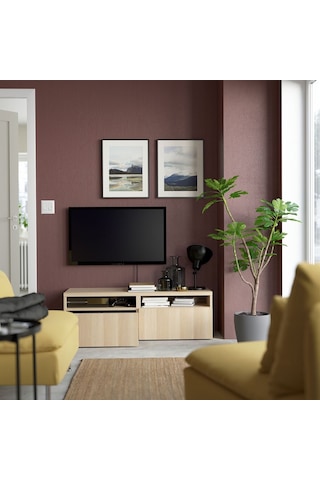 Tv Sehpası, Ağartılmış Meşe Görünümlü, 120x42x39 Cm, Lappvıken, Çıt Çıt Raylı Meşe