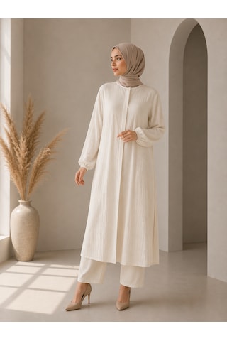 Bidesing Kadın Modern Tunik Pantolon Kombini Ekru