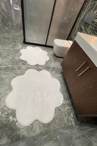 2'li Beyaz Banyo Halısı Peluş Post Halı Klozet Takımı 80x80 Ve 100x100 Beyaz