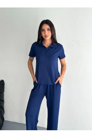 Mzpkartan Osy Modal Yumuşak Dokulu Kumaş Kısa Kollu Yakalı T-shirt Pantalon İkili Takım- Lacivert Lacivert