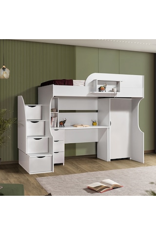Ranza, Litera Ranza Dolap Çalışma Masası Beyaz + 1 Adet Comfort Yatak 90 x 190 Cm