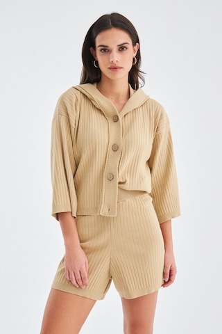 Peraluna Mujo Cardıgan & Shorts %100 Pamuk Kadın Triko Şort Takım Bej