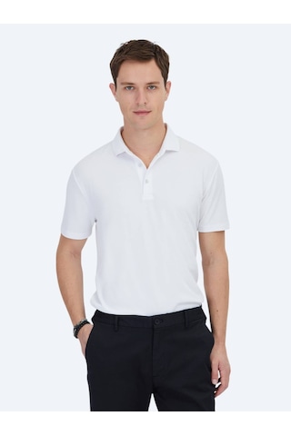 Beyaz Jakarlı Polo Yaka T-shirt Beyaz