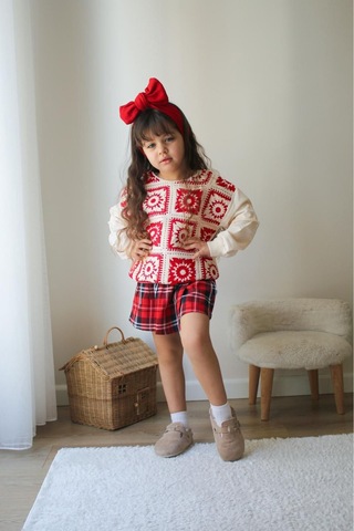 Kidsmadamiko Kız Çocukları Için Kırmızı Ekose Şort Etek Ve