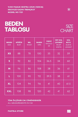 Pastelastore Pamuk Ekstra Uzun 120cm Kruvaze Kadın Trençkot 1121 Yeni Bej