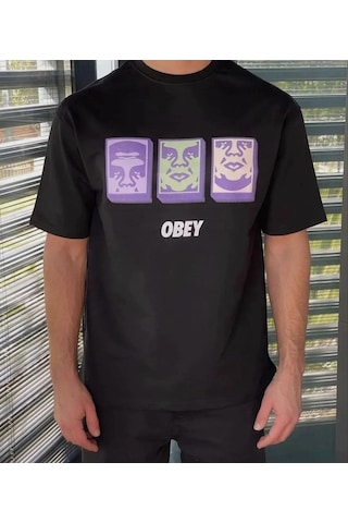 Wear Vexel Erkek Bisiklet Yaka Baskılı Oversize Kısa Kol T-shirt - Siyah Çok Renkli