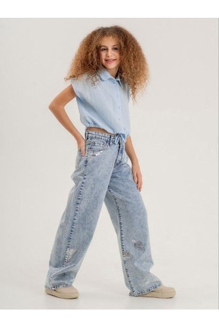 Zekids Kız Çocuk Paçası Varak Detaylı Denim Pantolon-13916-mavi Mavi