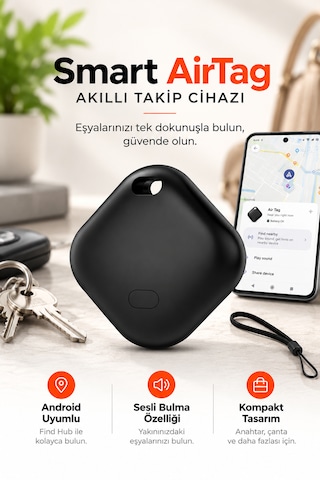 Kensa Airtag Apple iOS Uyumlu & Android Uyumlu Akıllı Takip Cihazı Sesli Bulma Özellikli Siyah
