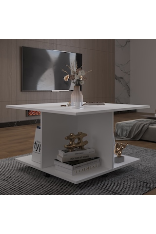 Asra Trend Kare Orta Sehpa OS002 %100 MDF Tekerlekli 4 Bölmeli Raf Takımı Beyaz