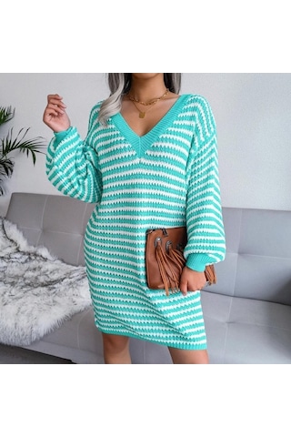Novahub Kadın Sonbahar Kış V Boyun Uzun Kollu Yün Elbise - Camgöbeği Renkli Şerit Oyma Camgöbeği