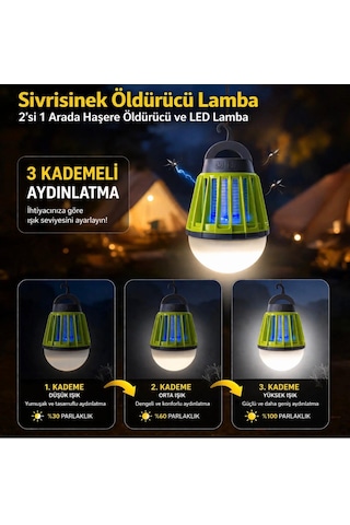 Şarj Edilebilir 3 Kademeli Kamp Lambalı Uv Işıklı Taşınabilir Askılı Sivrisinek Kovucu