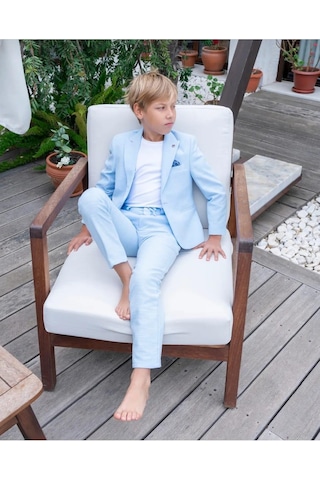 Erkek Çocuk Mavi Takım Elbise Keten Spor Takım Ceket Pantolon Tişort 3-14 Yaş Mavi