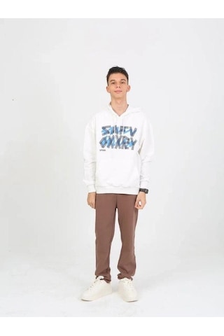Erkek Çocuk Yazı Detaylı 2 İplik Kapüşonlu Sweatshirt-15229 Ekru