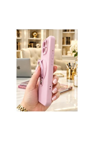 Poco X8 Pro İle Uyumlu 360 Derece Dönebilen Kalın Metal Magsafe Halka Stantlı İçi Kadife Korumalı Ultra Lüx Premium Silikon Kılıf Pembe