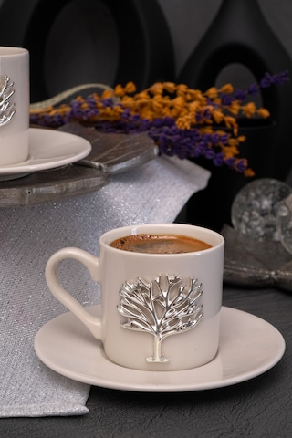 Hayat Ağacı Platin Kabartma Motif 4 Parça 2 Kişilik Kahve Fincan Takımı