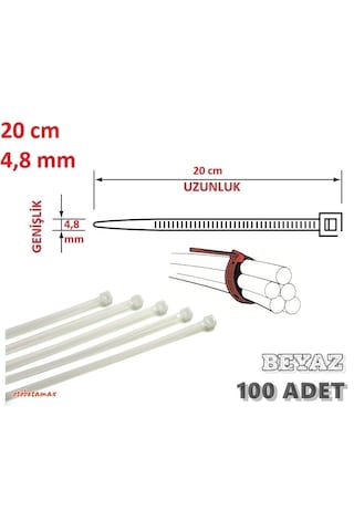 100 Adet 20cmx4,8mm Beyaz Plastik Cırt Kelepçe Kablo Bağı