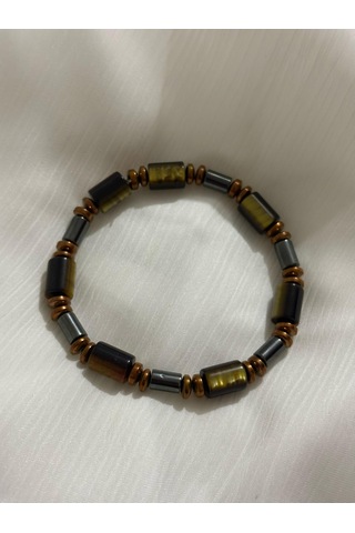 İlknur Doğal Taş Evi Hematit Ve Kaplangözü Taşı Bileklik Sarı - Kahverengi