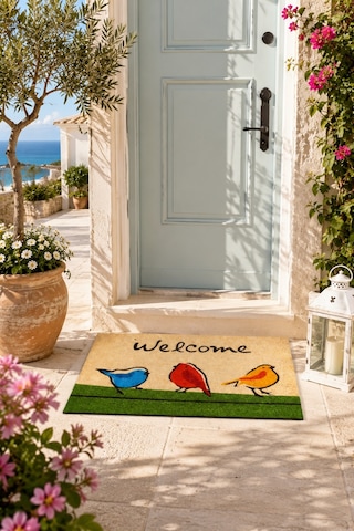 Esnature Chirp Birds Renkli Cıvıldıyan Kuşlar Kahverengi Welcome Kapı Önü Paspası 45x70 Cm Çok Renkli