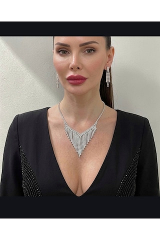 Zirkon Taşlı Abiye Kolye Set Gümüş