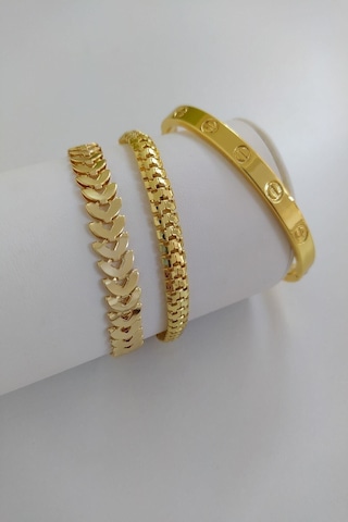 Kadın Gold Renk Kılçık Model Tırtıl Model Düz Model Kararmaz Çelik Kombin Bileklik Altın