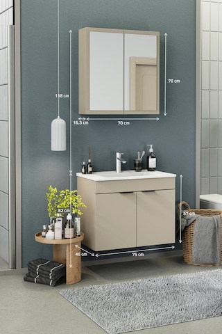 Biani Fix Loft 75 Cm Banyo Dolabı,Seramik Lavabolu, Aynalı,Lavabo Dahil,Mdf,Latte