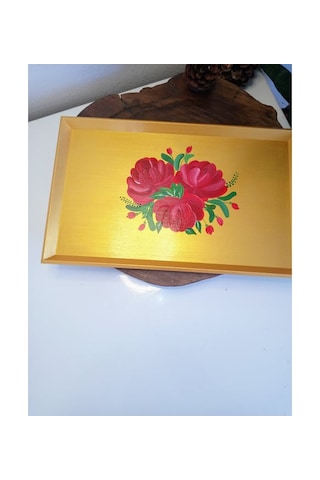 El Boyaması Çiçek Desenli Altın Yaldızlı Çay Kahve Söz Nişan Servis Sunum Dekoratif Tepsi 1 Adet