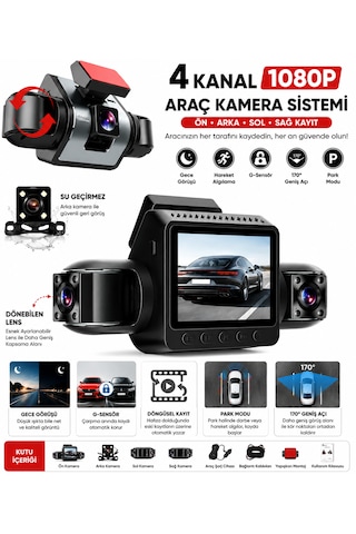 4 Kanal 1080p Araç Kamera Sistemi Ön Arka Sol Sağ Kayıt, 170 Geniş Açı, Gece Görüşü, G-sensör, Park Modu
