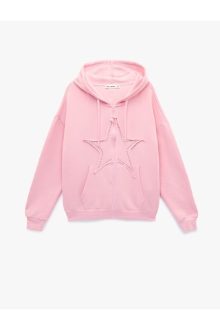 Koton Kapüşonlu Fermuarlı Yıldız İşleme Detaylı Oversize Taşlı Sweatshirt Pembe 6sal10341ık Gülkurusu