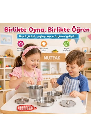 8 Parça Çelik Tencere Tava Seti, Çocuklar İçin Metal Mutfak Ve Evcilik Oyun Seti Atf-1818-3 Diğer