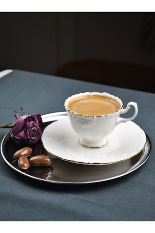 6 Kişilik Porselen Kahve Fincanı Seti Gold Yaldızlı Kahve Fincan Takımı- Rosemary 90ml Beyaz