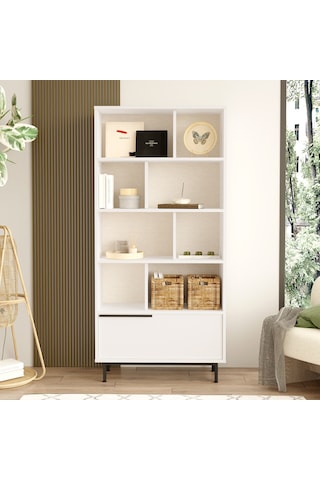 Yurudesign Ocean Kitaplık Raf Metal Ayaklı 176cm Kapaklı Beyaz On4-w
