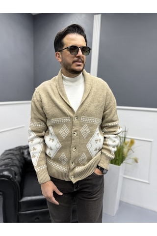 Avni Ceylan Retro Desenli Şal Yaka Erkek Triko Hırka Bej