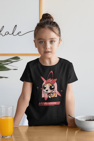 Sevbano Blossom Baskılı Unisex Power Puff Girls Çizgi Film Çocuk Tişört Siyah