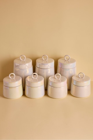 Luca Luster 7'li Ergonomik Porselen Baharatlık Seti Yuvarlak Kulplu Kapaklı Set Beyaz Beyaz