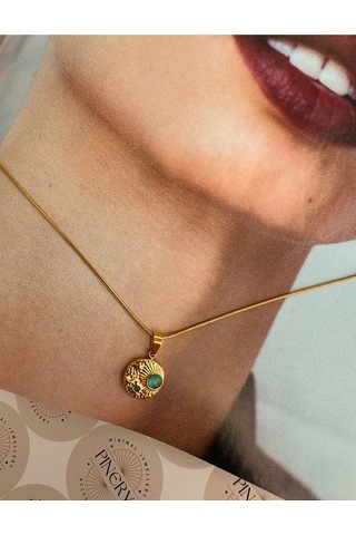 Firüze Taşlı Minimal Paslanmaz Çelik Kararmaz Kadın Kolye Moder Altın