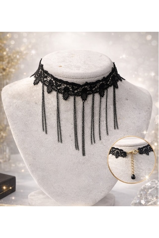 Gotik Choker Dantel Kolye Vintage Tarzı Püskül Zincirli Siyah