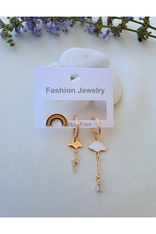 Dali Shop Gökkuşağı Bulut Figürlü 3'lü Küpe Gold
