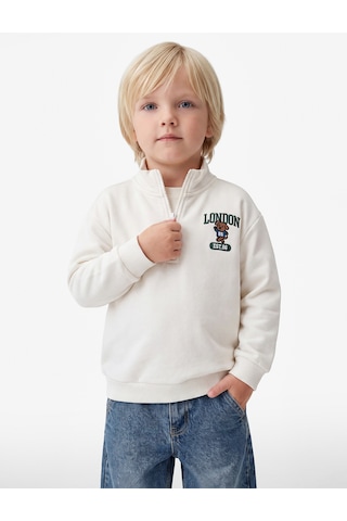 Koton Ayıcık Detaylı Yarım Fermuarlı Uzun Kollu Dik Yaka Oversize Sweatshirt Ekru 7wmb10066tk