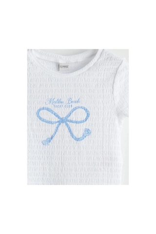 LC Waikiki Lcw Kids Beyaz Bisiklet Yaka Fiyonk Baskılı Kız Çocuk Crop Tişört Buxe Whıte